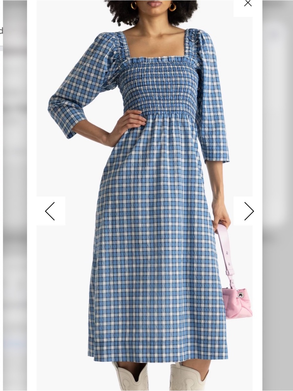 GANNI Shirred checked cotton-blend seersucker midi dress